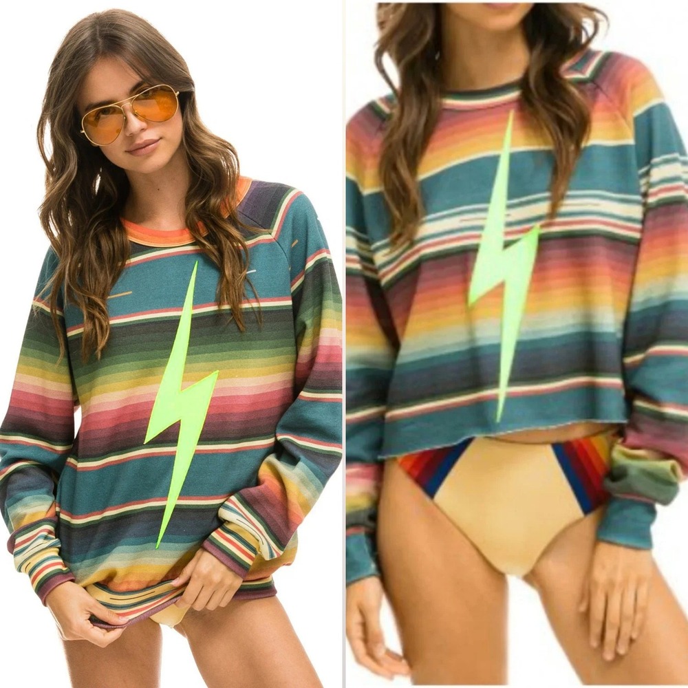 NEW Aviator Nation Serape Bolt Cropped Pullover Sweatshirt S Multi Neon